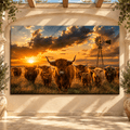 Highland Cattle Herd at Sunset Wrapped Canvas Wall Art – Rustic Western Ranch Landscape