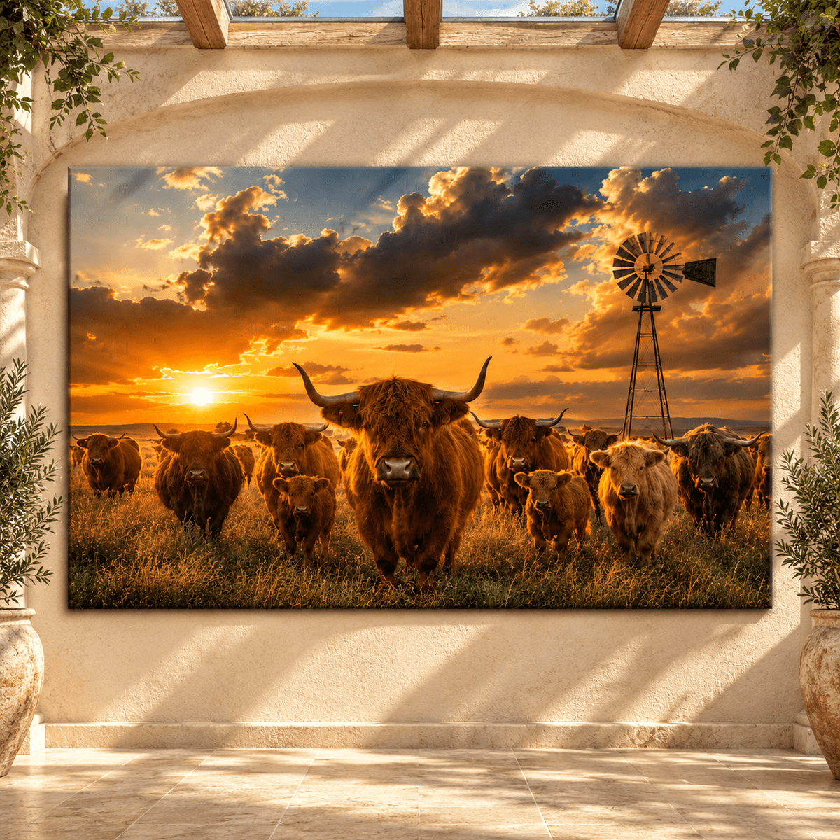 Highland Cattle Herd at Sunset Wrapped Canvas Wall Art – Rustic Western Ranch Landscape - ART OF ROYALS