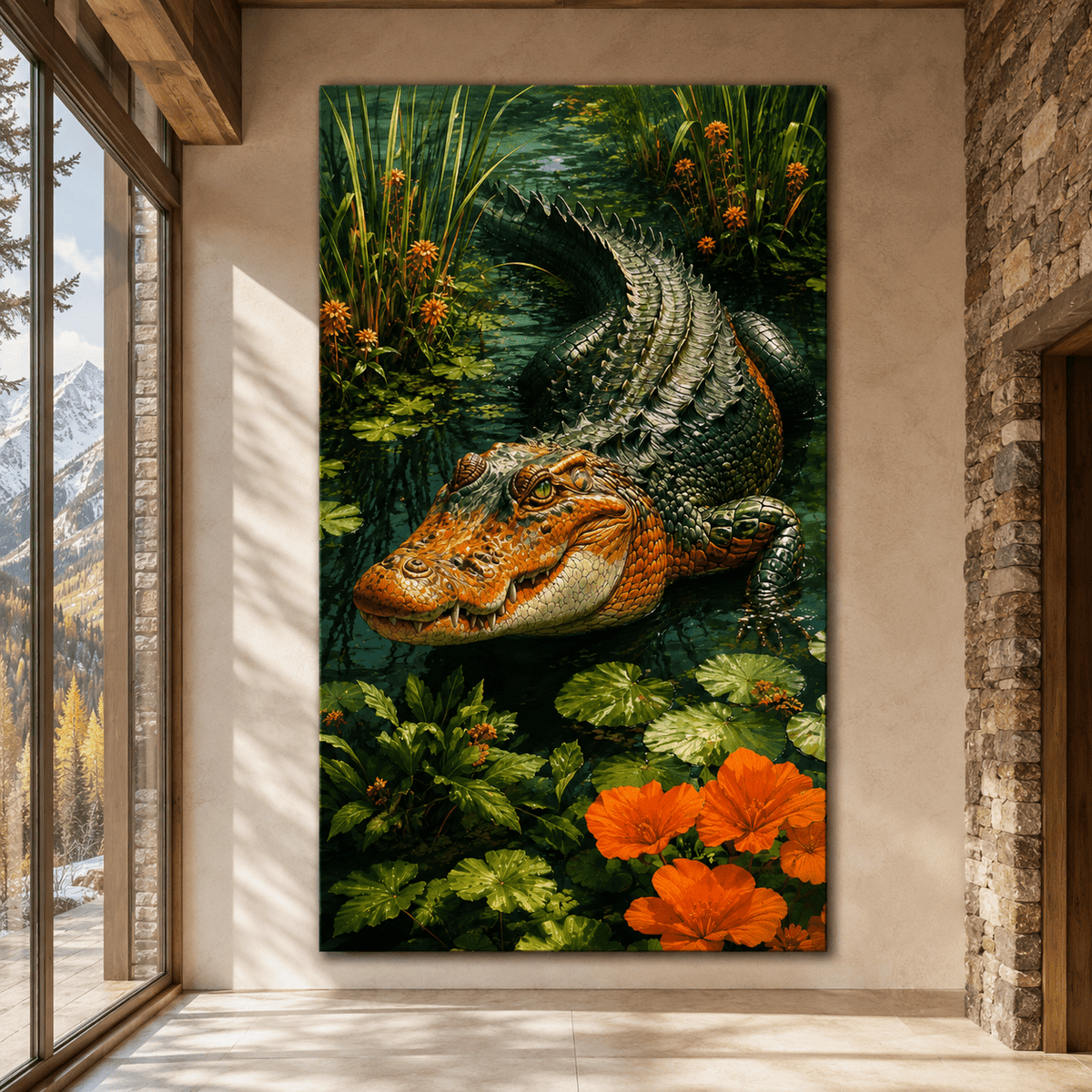 Alligator in Lotus Pond Wrapped Canvas Wall Art – Botanical Wetland Reptile Wildlife Print - ART OF ROYALS