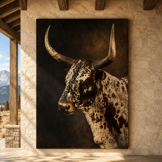 Texas Longhorn Bull Portrait Wrapped Canvas Wall Art – Speckled Cattle Western Ranch Print - ART OF ROYALS