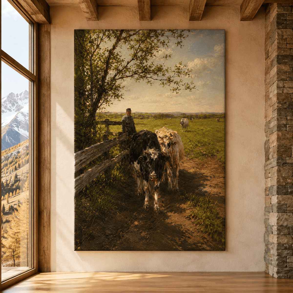 Vintage Cattle Pasture Wrapped Canvas Wall Art – Rustic Farm Cow & Herder Landscape Print - ART OF ROYALS