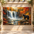 Black Bear by Waterfall Canvas Wall Art – Autumn Forest Wildlife Landscape
