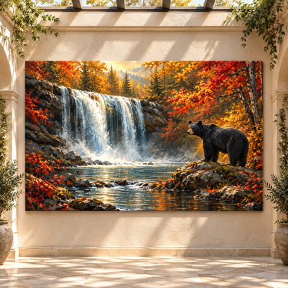 Black Bear by Waterfall Canvas Wall Art – Autumn Forest Wildlife Landscape - ART OF ROYALS