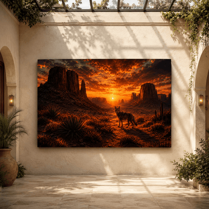 Coyote at Desert Sunset Wrapped Canvas Wall Art – Western Canyon Wildlife Landscape Print - ART OF ROYALS