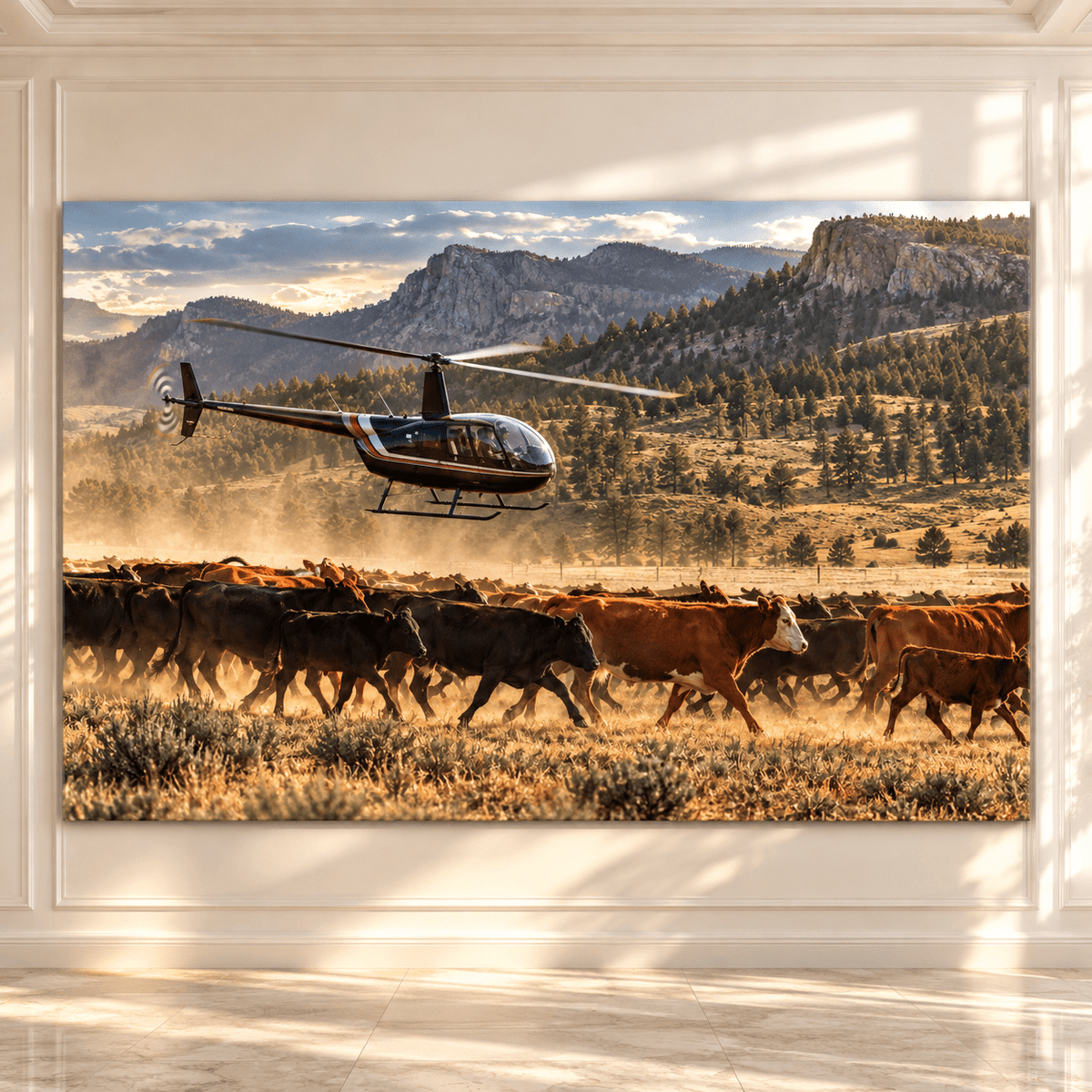 Helicopter Cattle Mustering Wrapped Canvas Wall Art – Ranch Herding Western Landscape Print - ART OF ROYALS