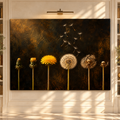 Dandelion Life Cycle Wrapped Canvas Wall Art – Golden Botanical Transformation Painting