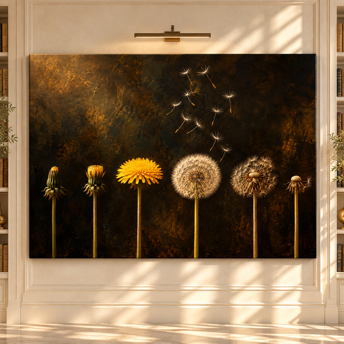 Dandelion Life Cycle Wrapped Canvas Wall Art – Golden Botanical Transformation Painting