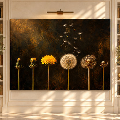 Dandelion Life Cycle Wrapped Canvas Wall Art – Golden Botanical Transformation Painting