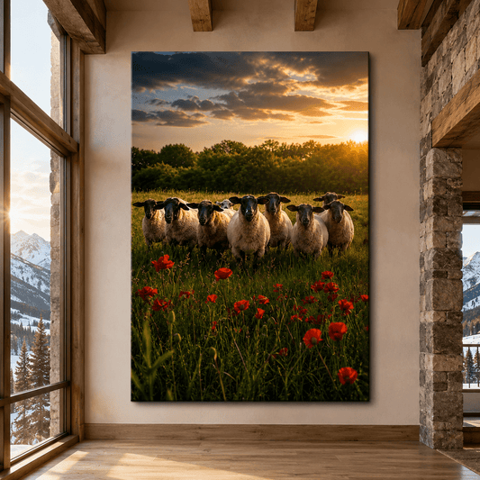 Flock of Sheep in Wildflower Meadow at Sunset Wrapped Canvas Wall Art – Rustic Farm Animal Countryside Print - ART OF ROYALS