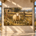 Sheep in Wildflower Meadow Wrapped Canvas Wall Art – Rustic Farmhouse Barn Landscape Painting