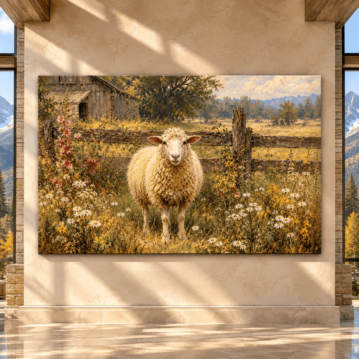 Sheep in Wildflower Meadow Wrapped Canvas Wall Art – Rustic Farmhouse Barn Landscape Painting - ART OF ROYALS