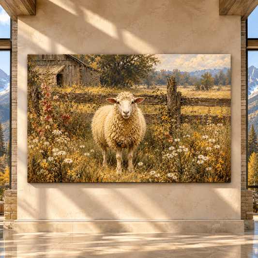 Sheep in Wildflower Meadow Wrapped Canvas Wall Art – Rustic Farmhouse Barn Landscape Painting - ART OF ROYALS