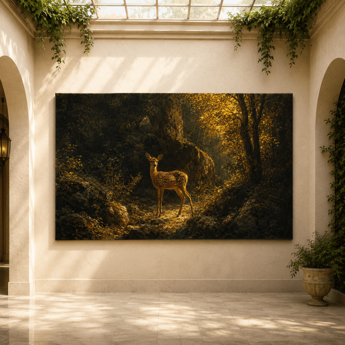 Fawn in Sunlit Forest Wrapped Canvas Wall Art – Woodland Deer Nature Landscape Print - ART OF ROYALS
