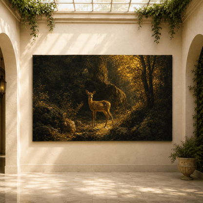Fawn in Sunlit Forest Wrapped Canvas Wall Art – Woodland Deer Nature Landscape Print - ART OF ROYALS