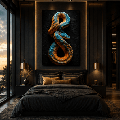 Turquoise and Orange Coiled Snake Wrapped Canvas Wall Art – Colorful Reptile Wildlife Print - ART OF ROYALS