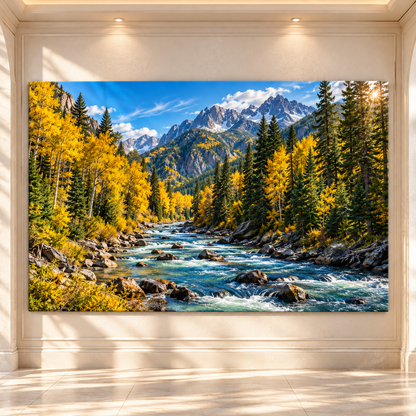 Golden Aspen Mountain River Wrapped Canvas Wall Art – Autumn Alpine Forest Landscape Print