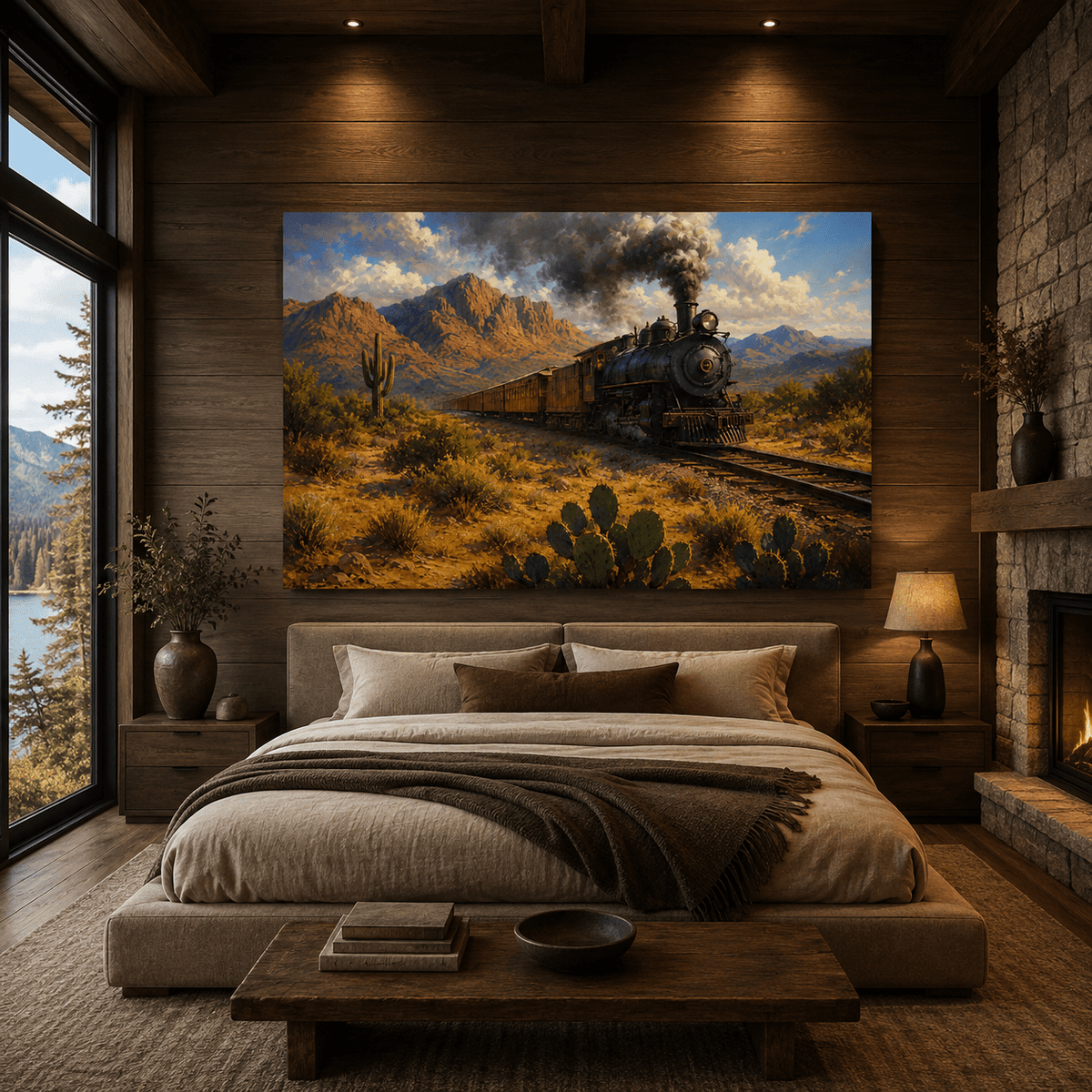 Vintage Steam Train Through Southwestern Desert Wrapped Canvas Wall Art – Western Railroad Landscape Print - ART OF ROYALS