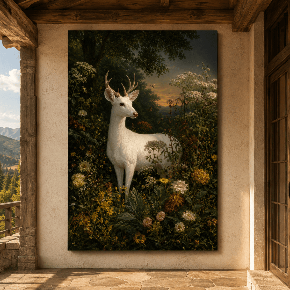 White Deer in Wildflower Garden Wrapped Canvas Wall Art – Botanical Fine Art Print - ART OF ROYALS