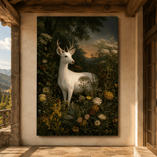 White Deer in Wildflower Garden Wrapped Canvas Wall Art – Botanical Fine Art Print - ART OF ROYALS