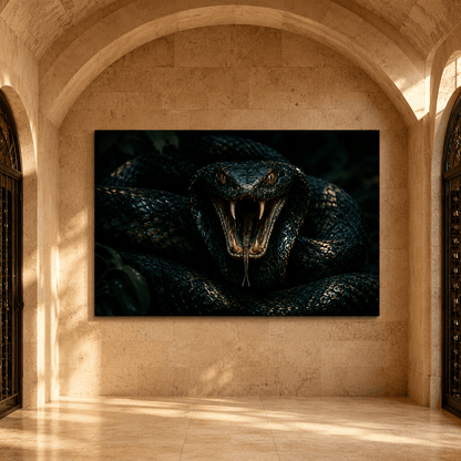 Fanged Black Snake Wrapped Canvas Wall Art – Dark Reptile Predator Portrait Print - ART OF ROYALS