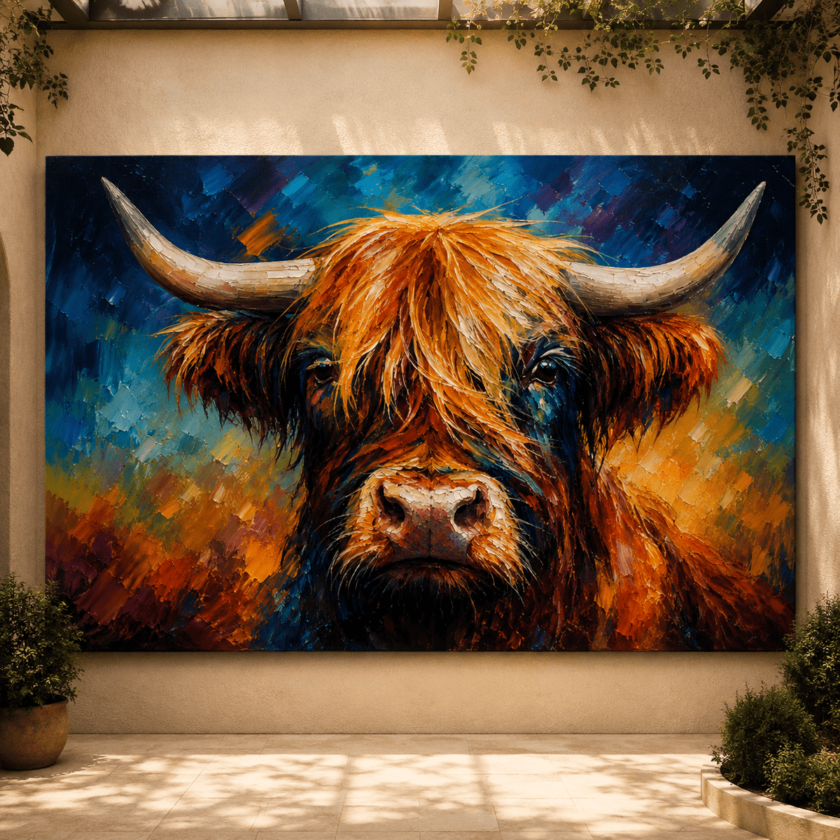 Colorful Highland Cow Wrapped Canvas Wall Art – Abstract Long Horn Cattle Portrait Print - ART OF ROYALS