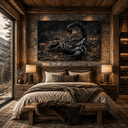 Black Scorpion with Raised Tail Wrapped Canvas Wall Art – Dark Arachnid Wildlife Print - ART OF ROYALS