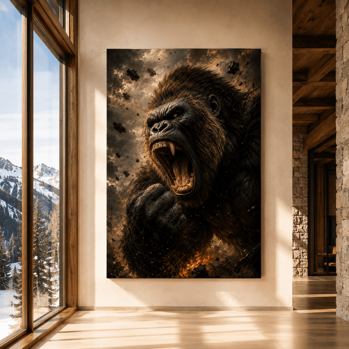 Roaring Gorilla Breaking Through Debris Wrapped Canvas Wall Art – Powerful Primate Wildlife Portrait - ART OF ROYALS