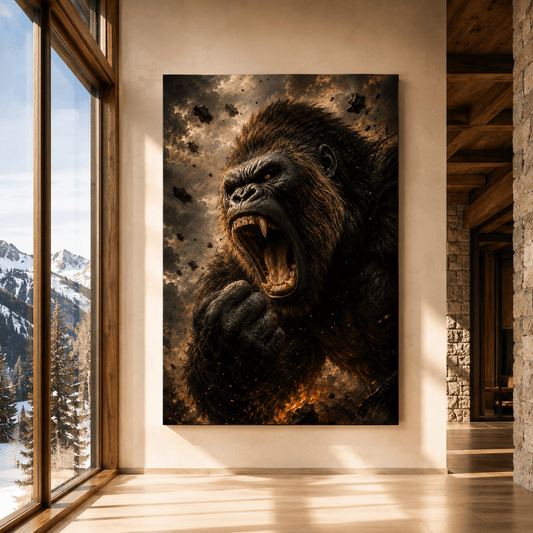Roaring Gorilla Breaking Through Debris Wrapped Canvas Wall Art – Powerful Primate Wildlife Portrait - ART OF ROYALS