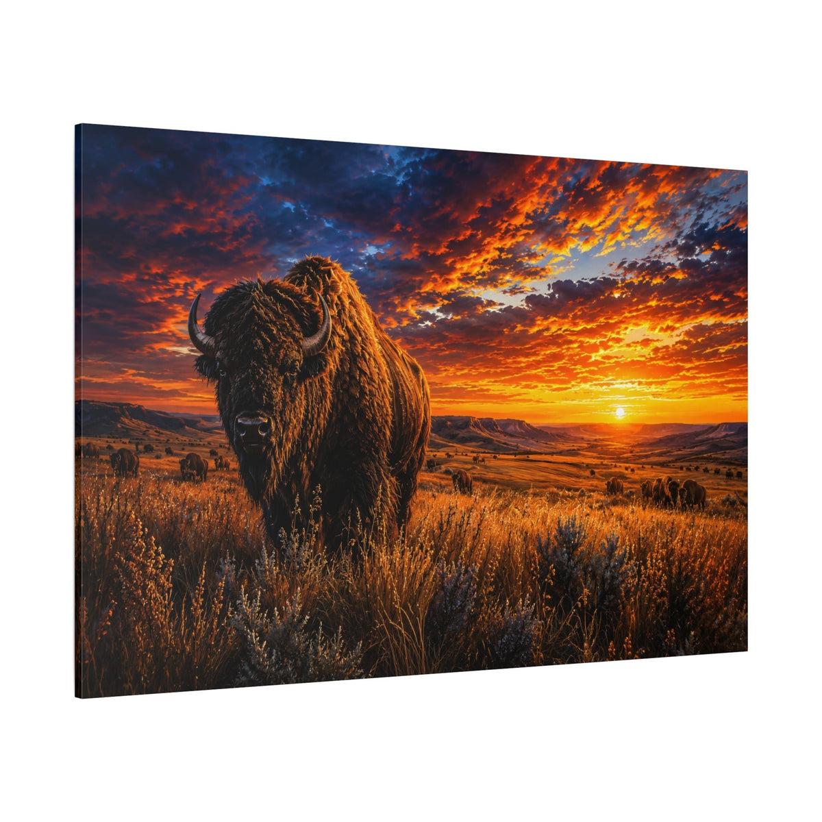 Bison at Fiery Sunset Wrapped Canvas Wall Art – Epic Prairie Wildlife Photography Print - ART OF ROYALS