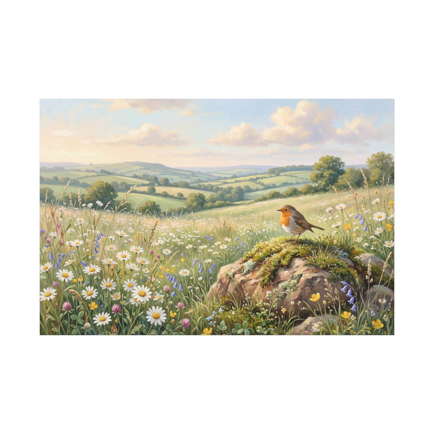 Robin in Blooming Meadow – Peaceful Countryside Canvas Wall Art