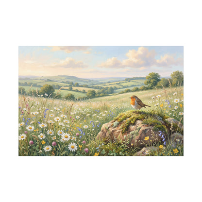 Robin in Blooming Meadow – Peaceful Countryside Canvas Wall Art