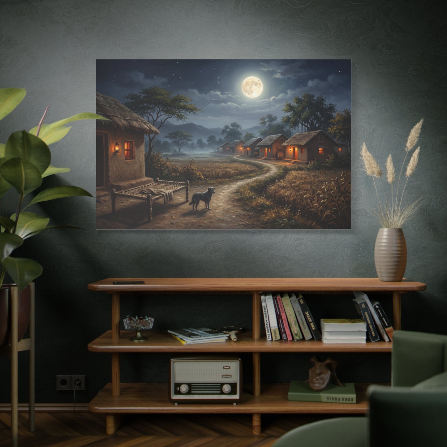 Moonlit Village Serenity – Peaceful Rural Night Canvas Wall Art