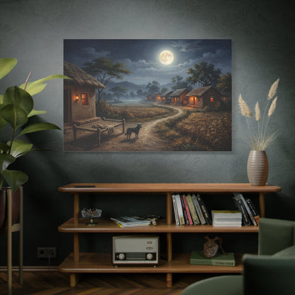 Moonlit Village Serenity – Peaceful Rural Night Canvas Wall Art