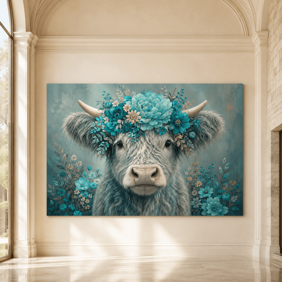 Floral Highland Cow Wrapped Canvas Wall Art – Turquoise Blue Flower Crown Farmhouse Print - ART OF ROYALS