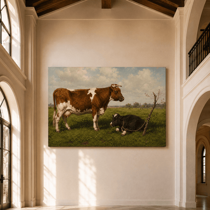 Vintage Cow and Calf Wrapped Canvas Wall Art – Rustic Cattle Pasture Farmhouse Print - ART OF ROYALS