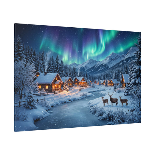 Cozy Winter Village Under Northern Lights – Snowy Cabin Night Canvas Wall Art