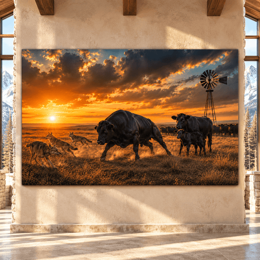 Black Angus Bull & Coyotes at Sunset Wrapped Canvas Wall Art – Western Cattle Ranch Landscape - ART OF ROYALS