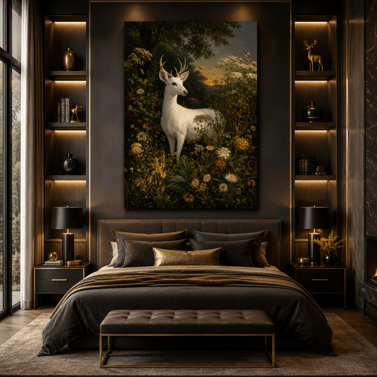 White Deer in Wildflower Garden Wrapped Canvas Wall Art – Botanical Fine Art Print - ART OF ROYALS