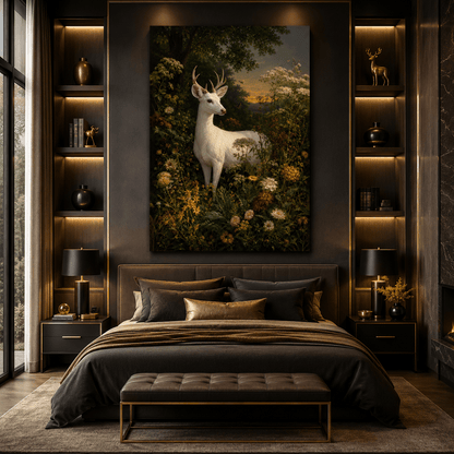 White Deer in Wildflower Garden Wrapped Canvas Wall Art – Botanical Fine Art Print - ART OF ROYALS