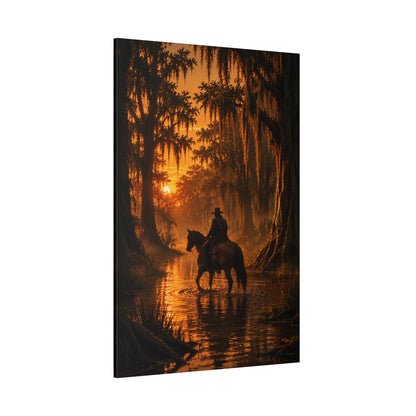 Bayou Crossing – Cowboy and Horse Sunset Canvas Wall Art - ART OF ROYALS