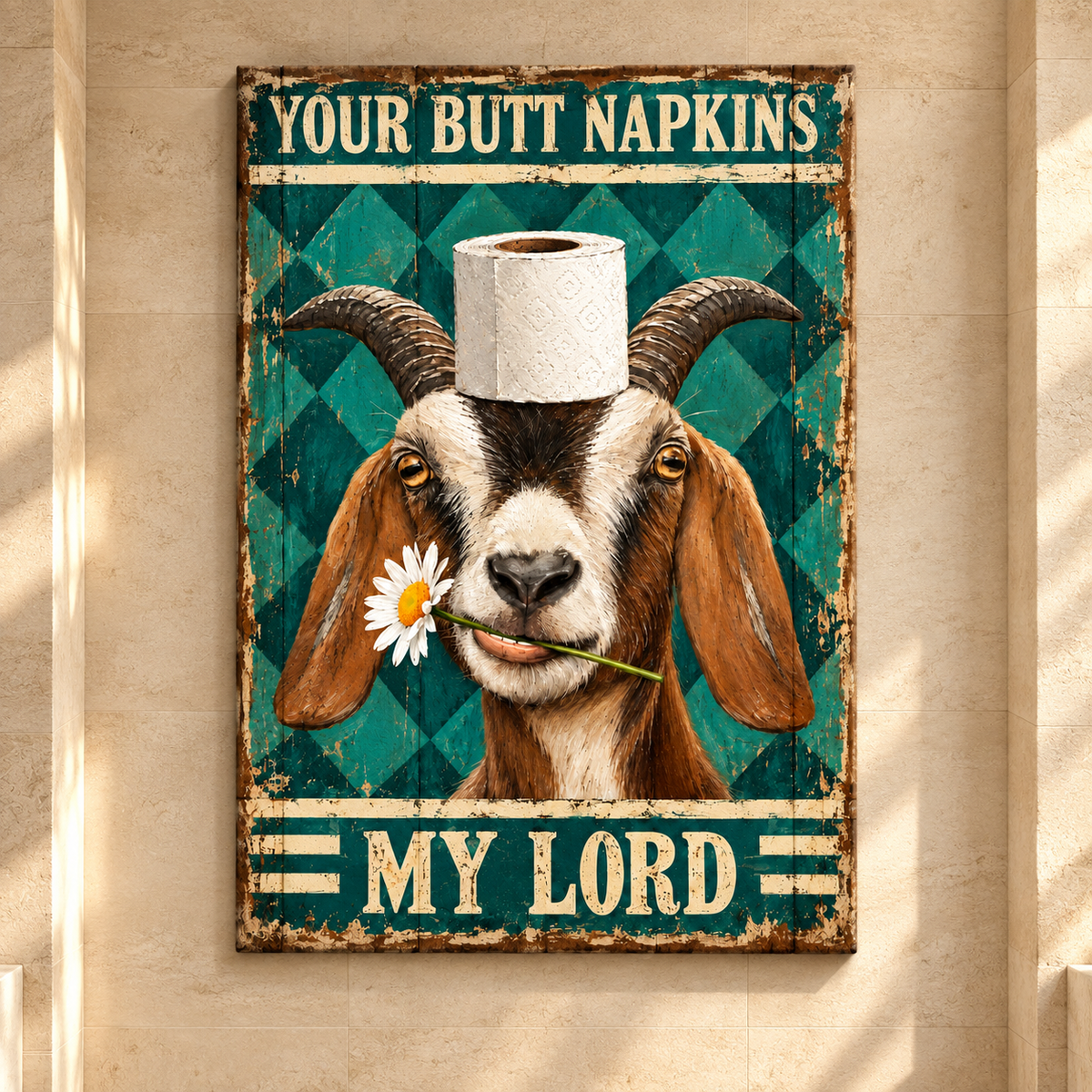 Funny Goat Toilet Paper Wrapped Canvas Wall Art – “Your Butt Napkins, My Lord” Rustic Farmhouse Bathroom Decor