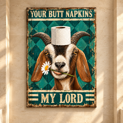 Funny Goat Toilet Paper Wrapped Canvas Wall Art – “Your Butt Napkins, My Lord” Rustic Farmhouse Bathroom Decor