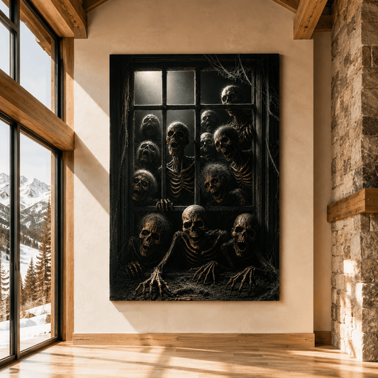 Skeletons at Haunted Window Wrapped Canvas Wall Art – Gothic Horror Halloween Print - ART OF ROYALS