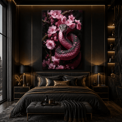 Pink Cherry Blossom Snake Wrapped Canvas Wall Art – Moody Floral Serpent Oil Painting Print - ART OF ROYALS