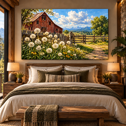 Red Barn & Dandelion Meadow Wrapped Canvas Wall Art – Rustic Mountain Farm Landscape Painting