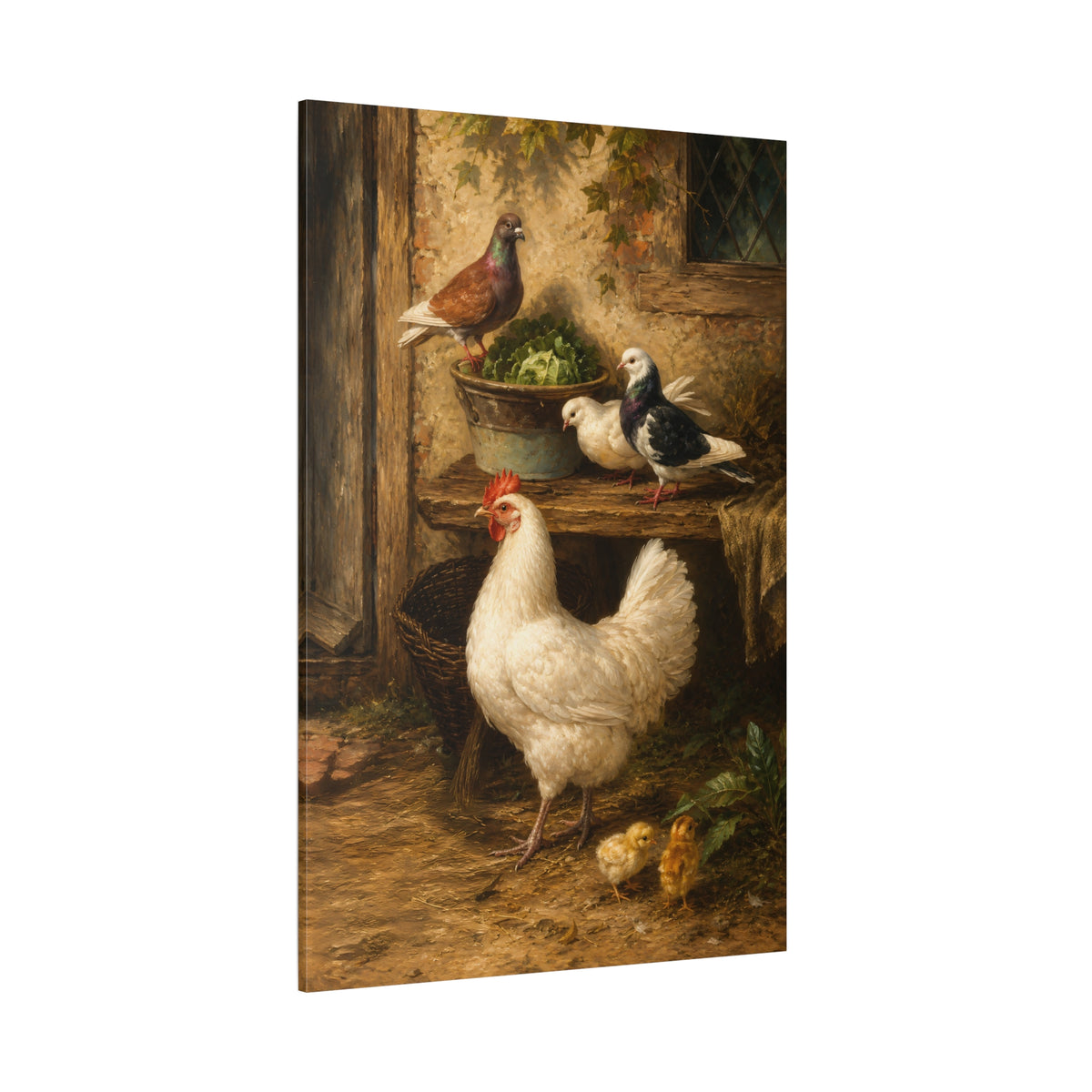 Farmyard Hen with Chicks and Pigeons Wrapped Canvas Wall Art – Classical Country Oil Painting Print - ART OF ROYALS