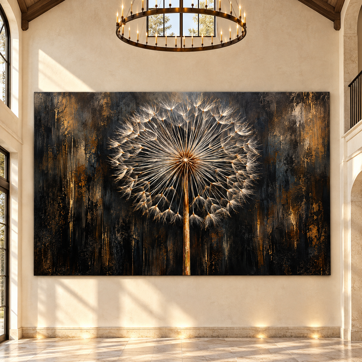 Golden Dandelion Seed Head Wrapped Canvas Wall Art – Black & Gold Botanical Abstract Print