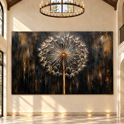 Golden Dandelion Seed Head Wrapped Canvas Wall Art – Black & Gold Botanical Abstract Print