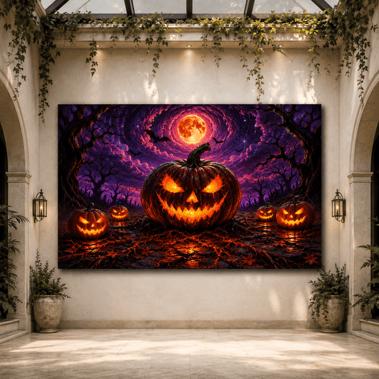 Glowing Jack-O’-Lanterns Under Blood Moon Wrapped Canvas Wall Art – Spooky Halloween Pumpkin Forest Print - ART OF ROYALS