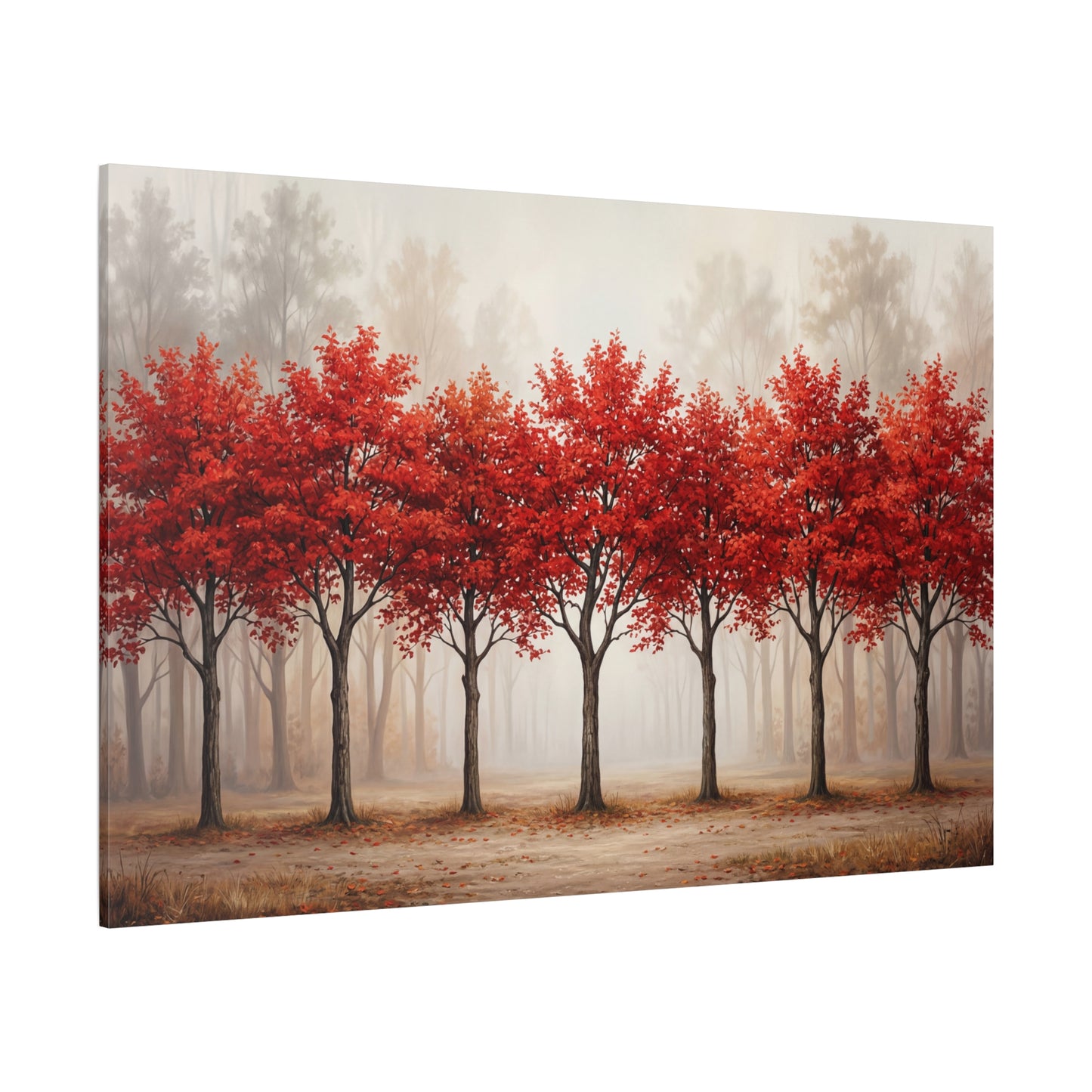 Symmetrical Red Autumn Trees – Minimalist Forest Canvas Wall Art